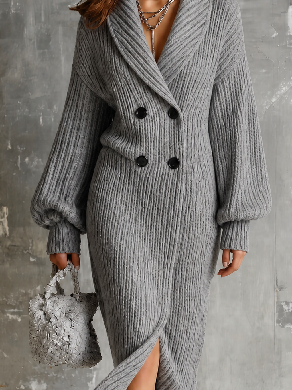 Chic Elegant Heather Grey Shawl Lapel Double-Breasted Dropped Shoulder Long-Sleeve Loose-Fit Ribbed Knit Midi Dress