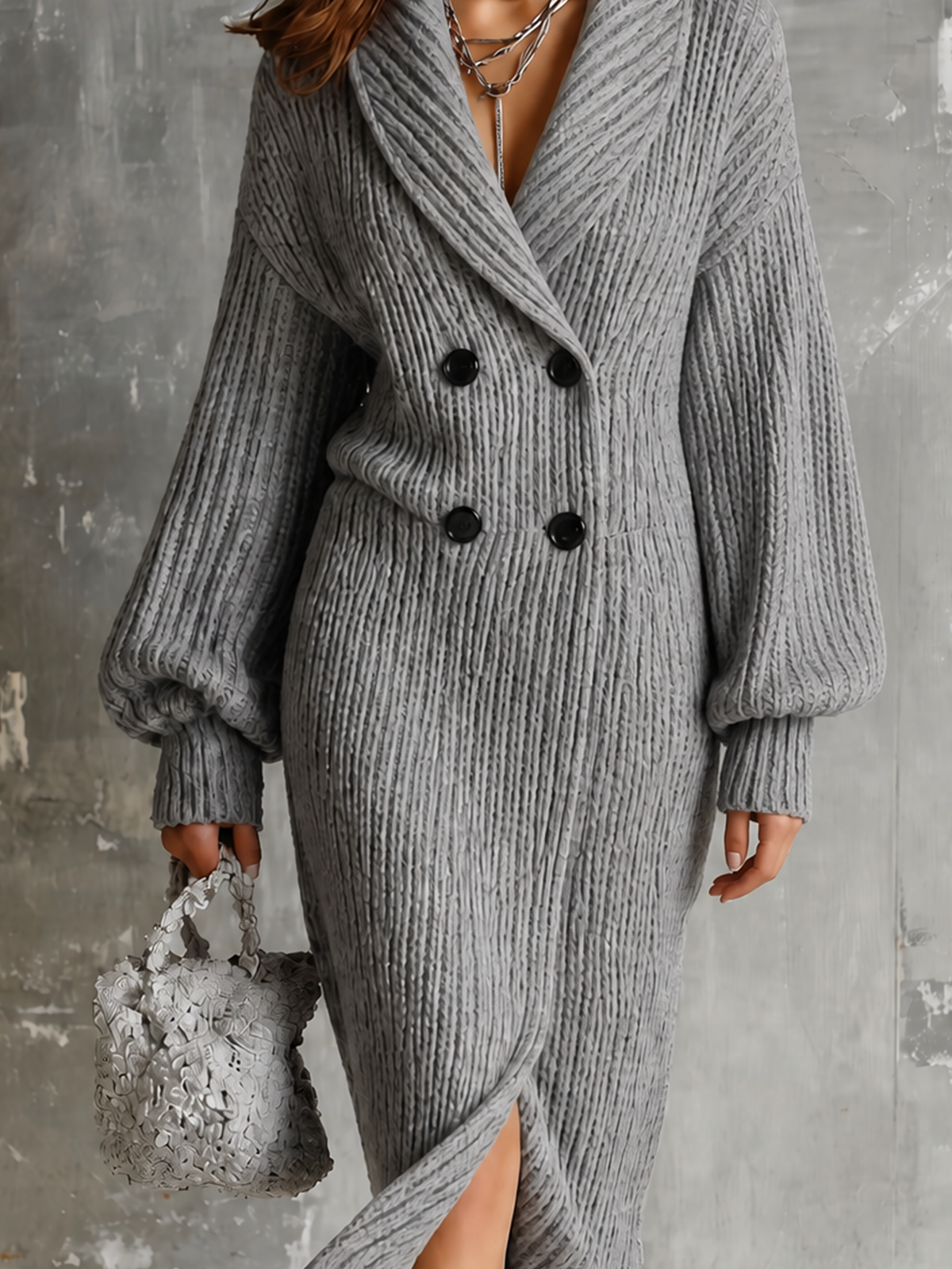 Chic Elegant Heather Grey Shawl Lapel Double-Breasted Dropped Shoulder Long-Sleeve Loose-Fit Ribbed Knit Midi Dress