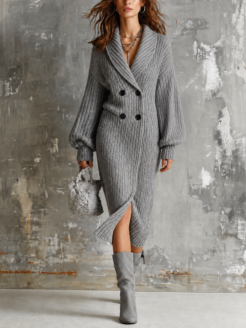 Chic Elegant Heather Grey Shawl Lapel Double-Breasted Dropped Shoulder Long-Sleeve Loose-Fit Ribbed Knit Midi Dress
