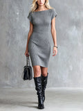 Chic Elegant Gray Boat Neck Dropped-Shoulder Short-Sleeve Slim-Fit Ribbed Knit Mini Dress