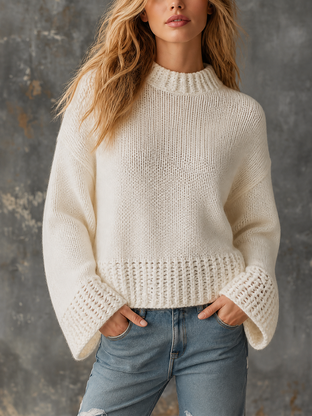 Chic Casual Off-White Mock-Neck Dropped Shoulder Flare Long Sleeves Openwork Details Loose-Fit Knit Sweater Top