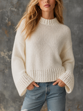 Chic Casual Off-White Mock-Neck Dropped Shoulder Flare Long Sleeves Openwork Details Loose-Fit Knit Sweater Top