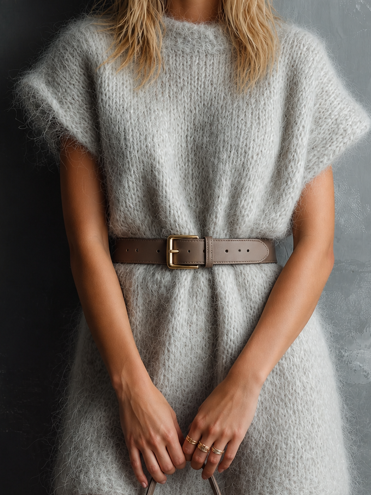 Chic Elegant Light Grey Round-Neck Cap Sleeve Leather Belt Loose-Fit Mohair Knit Mini Dress