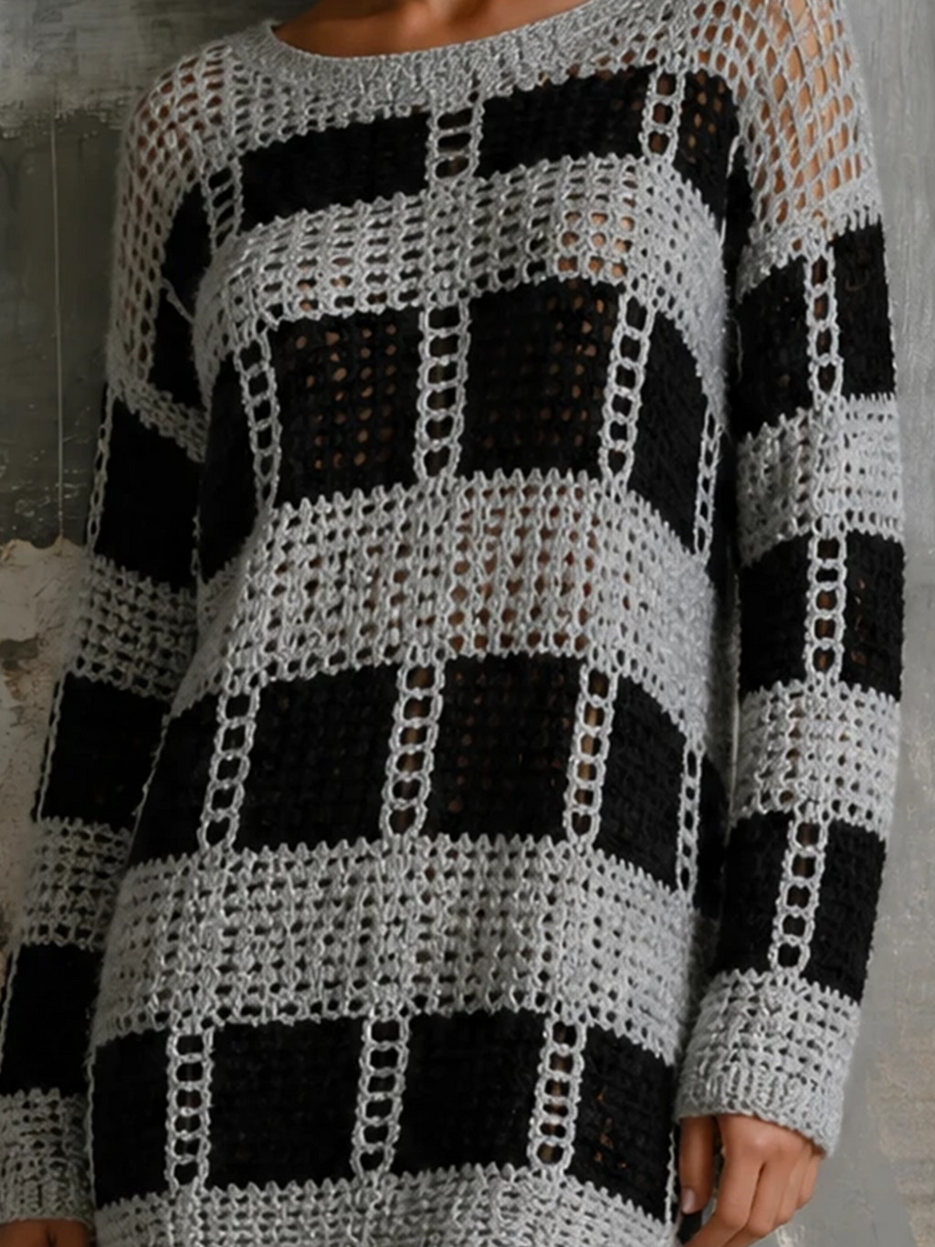 Chic Casual Black‑Grey Checkered Openwork Round-Neck Dropped Shoulder Long-Sleeve Loose-Fit Knit Mini Dress
