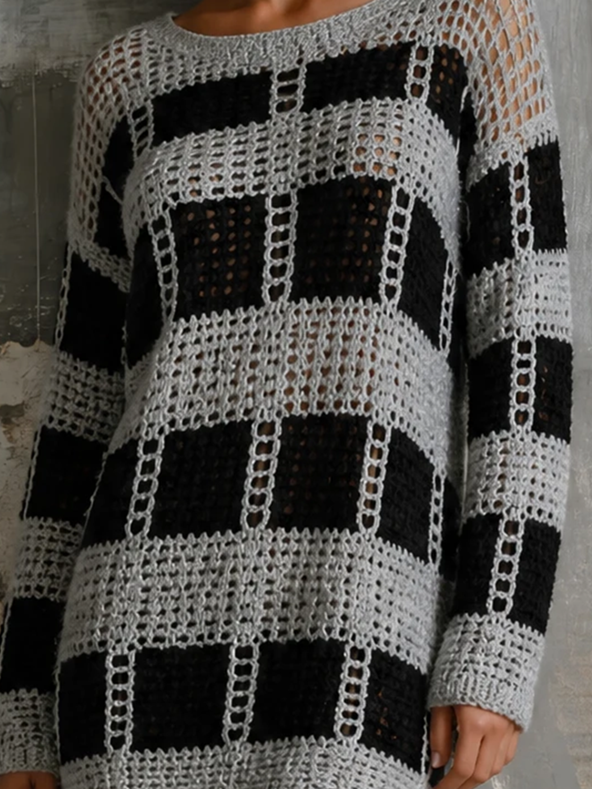 Chic Casual Black‑Grey Checkered Openwork Round-Neck Dropped Shoulder Long-Sleeve Loose-Fit Knit Mini Dress