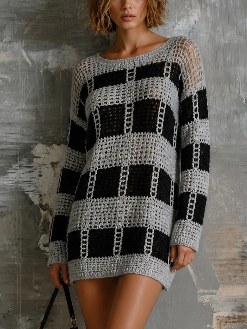 Chic Casual Black‑Grey Checkered Openwork Round-Neck Dropped Shoulder Long-Sleeve Loose-Fit Knit Mini Dress