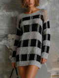Chic Casual Black‑Grey Checkered Openwork Round-Neck Dropped Shoulder Long-Sleeve Loose-Fit Knit Mini Dress