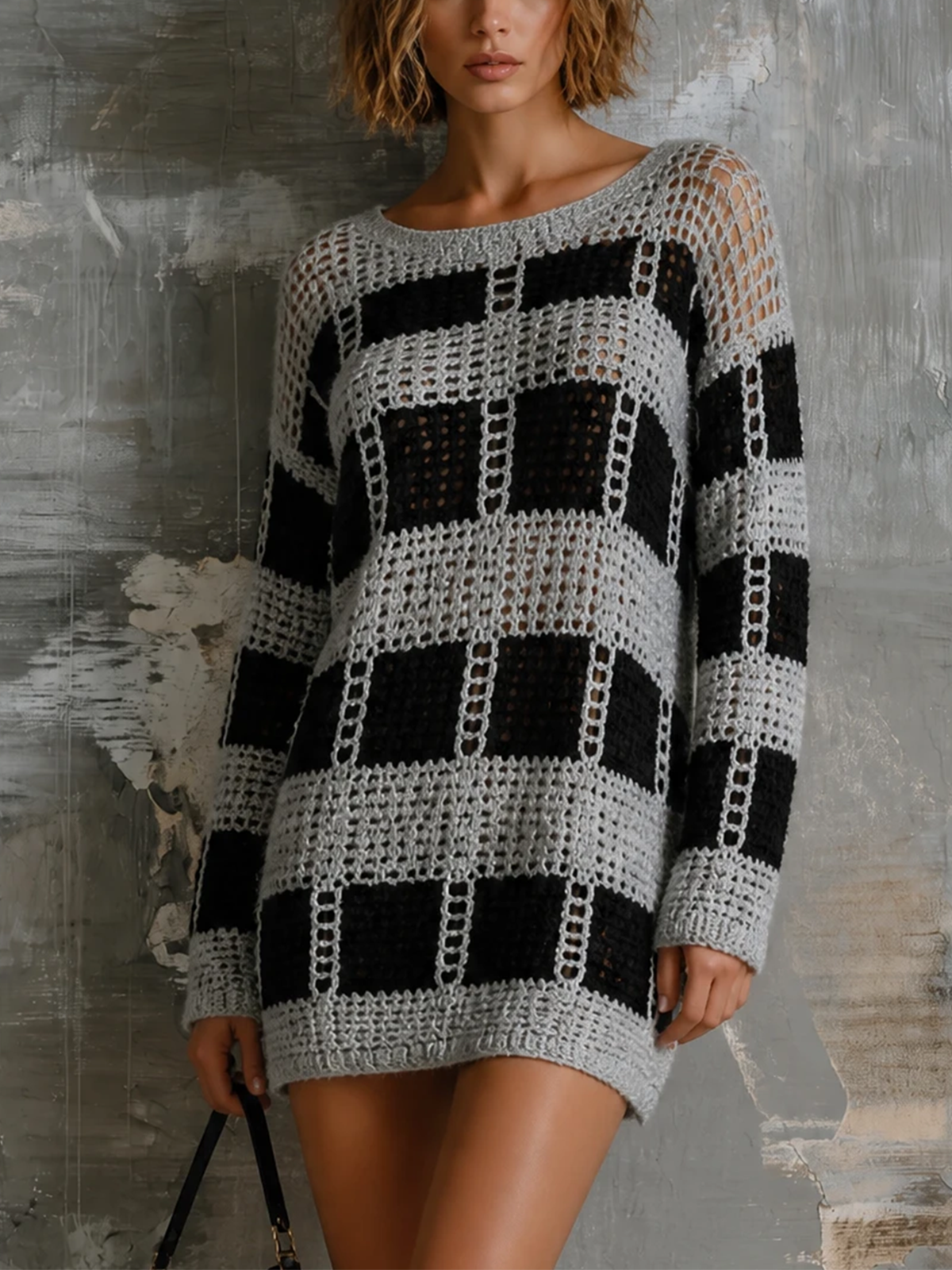 Chic Casual Black‑Grey Checkered Openwork Round-Neck Dropped Shoulder Long-Sleeve Loose-Fit Knit Mini Dress
