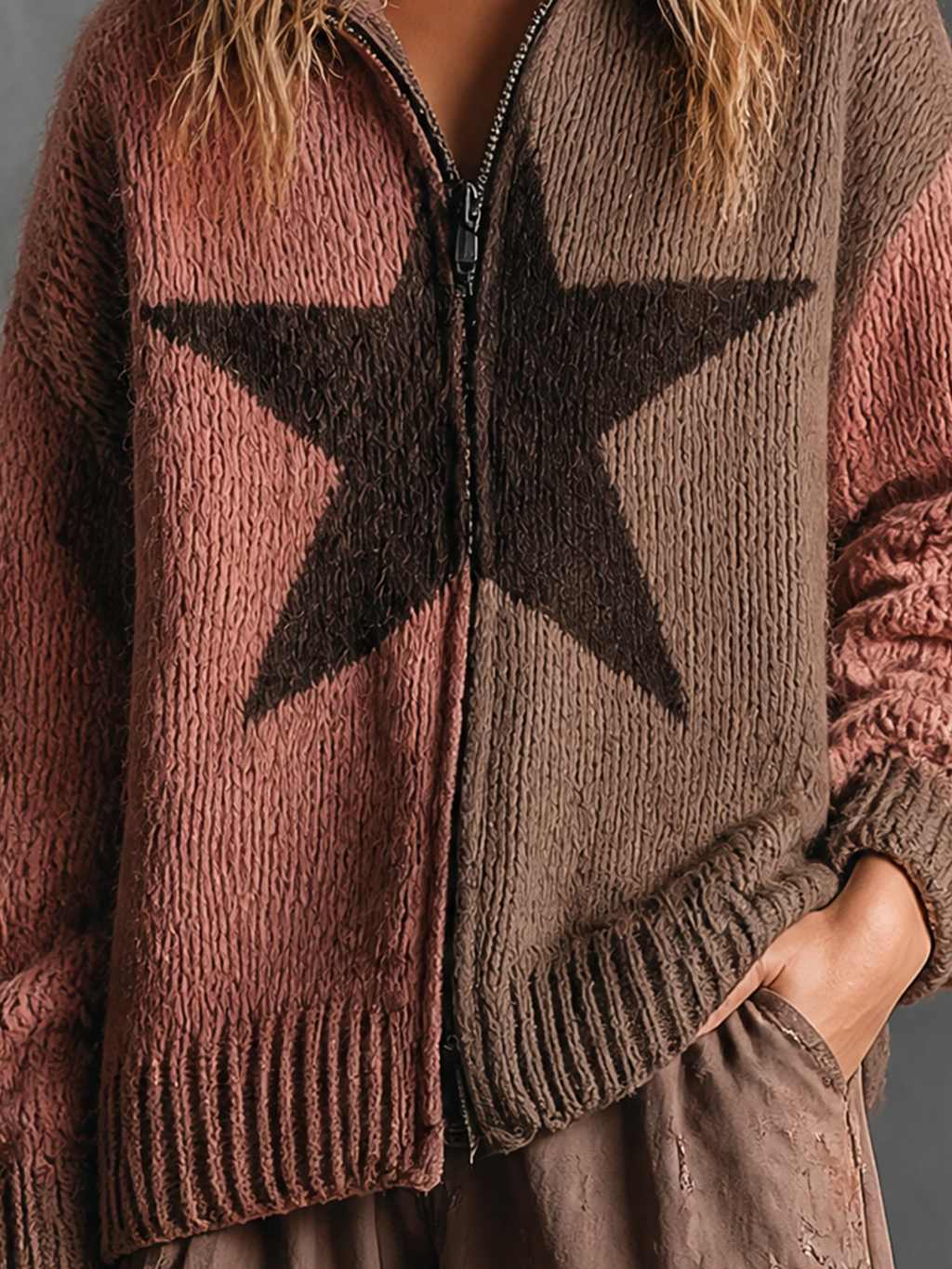 Chic Casual Dusty Pink-Brown Colorblock Star Jacquard Stand Collar Zipper Placket Long-Sleeve Loose-Fit Knit Cardigan Top