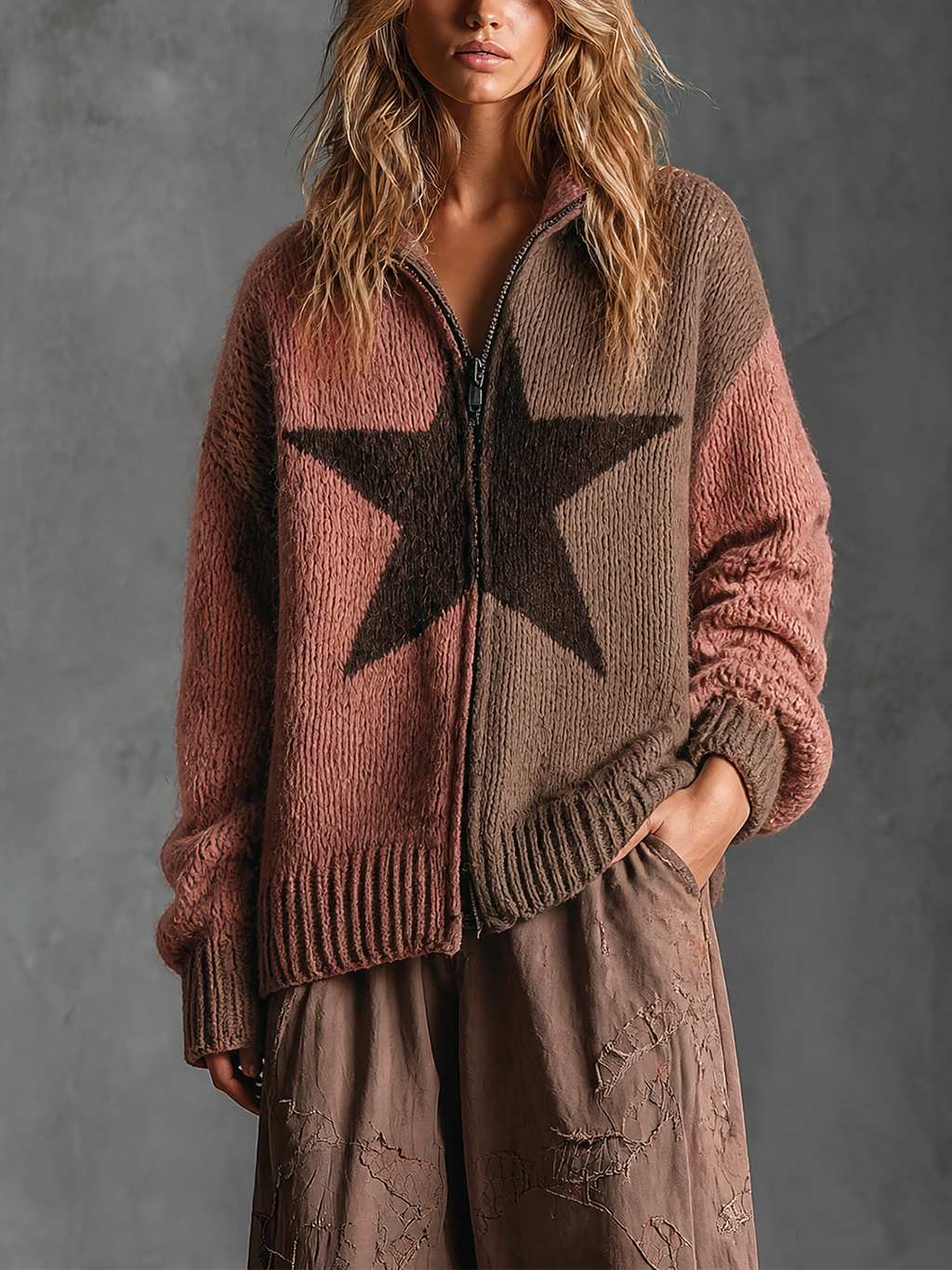 Chic Casual Dusty Pink-Brown Colorblock Star Jacquard Stand Collar Zipper Placket Long-Sleeve Loose-Fit Knit Cardigan Top