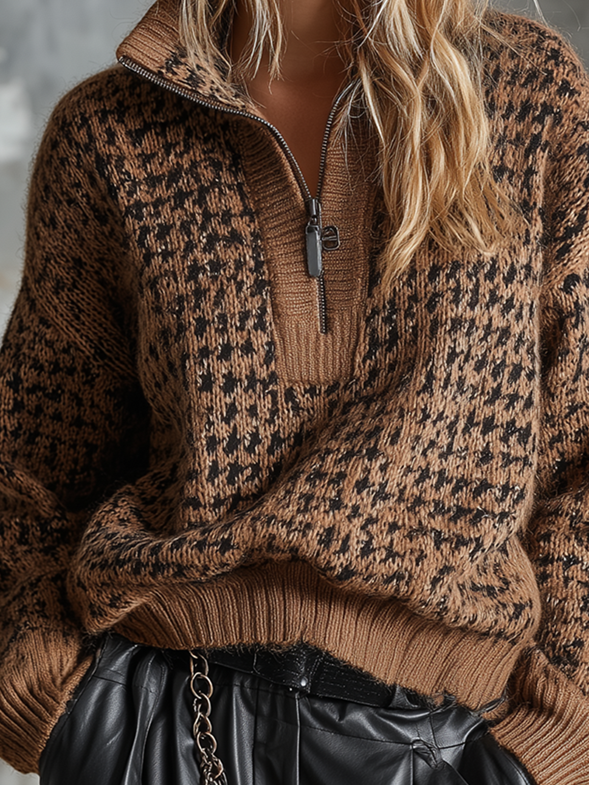 Chic Casual Brown‑Black Houndstooth Jacquard Stand Collar Half Zip Long-Sleeve Loose-Fit Knit Sweater Top