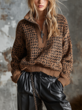 Chic Casual Brown‑Black Houndstooth Jacquard Stand Collar Half Zip Long-Sleeve Loose-Fit Knit Sweater Top