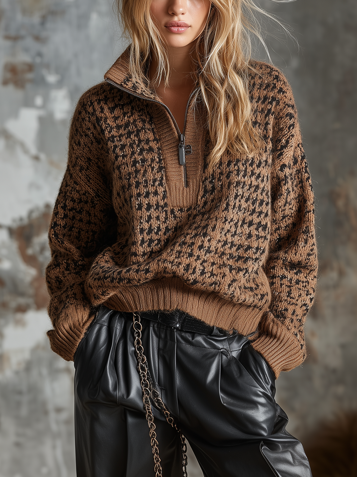Chic Casual Brown‑Black Houndstooth Jacquard Stand Collar Half Zip Long-Sleeve Loose-Fit Knit Sweater Top