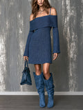 Chic Elegant Denim-Blue Off-The-Shoulder Spaghetti-strap Long-Flare-Sleeve A-Line Knit Mini Dress