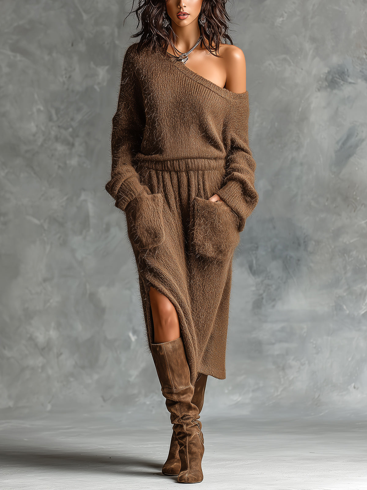 Chic Elegant Brown One-Shoulder Long-Sleeve Elastic-Waist Patch Pockets Side-Slit Detail Loose-Fit Knit Midi Dress