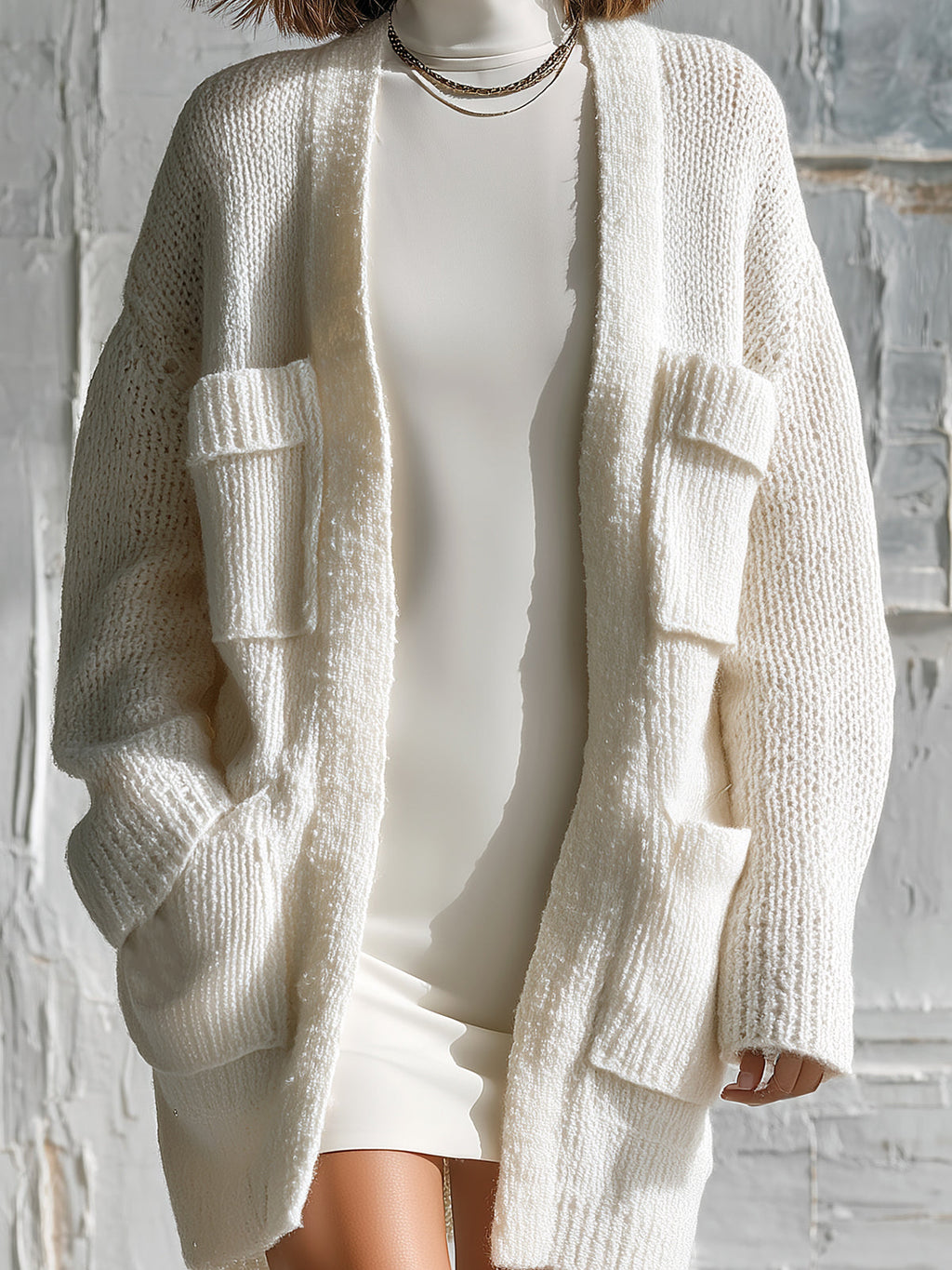 Chic Elegant Cream White Long-Sleeve Open‑Front Multi-Pocket Oversized Cotton Chunky Knit Cardigan