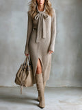 Chic Elegant Light Brown Tie-Neck Long-Sleeve Slit Detail Slim-Fit Soft Ribbed Knit Midi Dress