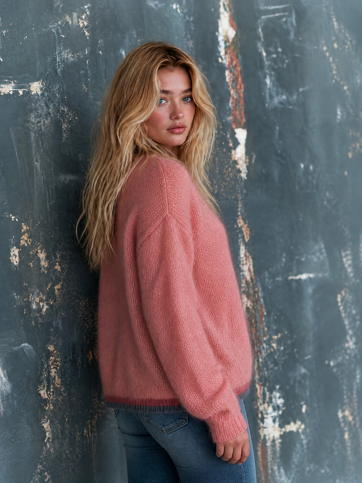 Chic Elegant Pink-Navy Colorblock Dropped-Shoulder Long-Sleeve Single-Breasted Loose-Fit Mohair Blend Knit Cardigan