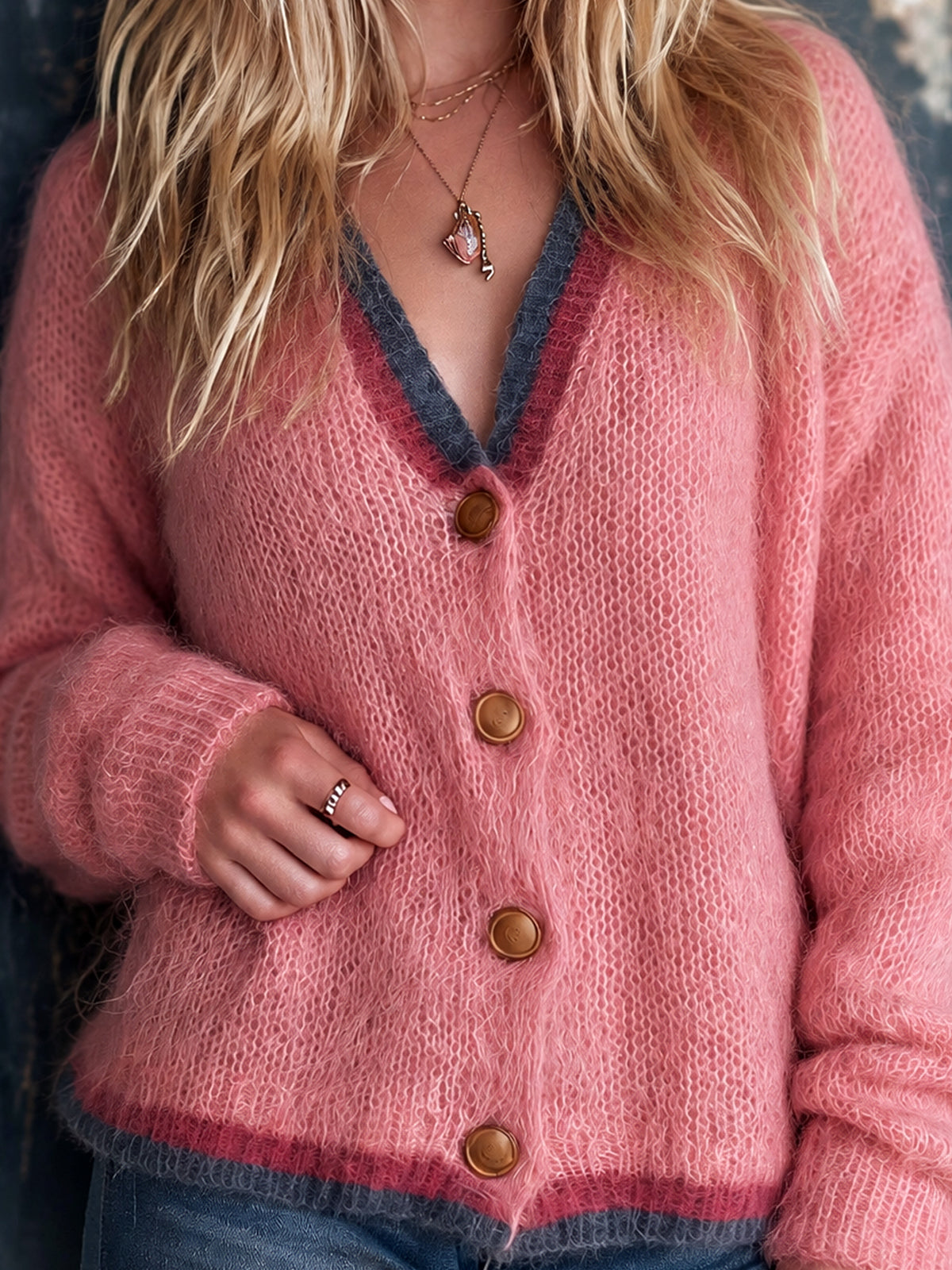 Chic Elegant Pink-Navy Colorblock Dropped-Shoulder Long-Sleeve Single-Breasted Loose-Fit Mohair Blend Knit Cardigan
