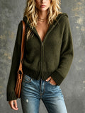 Chic Casual Army Green Colorblock Hooded Collar Dropped-Shoulder Long-Sleeve Zipper-Placket Loose-Fit Knit Jacket