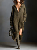 Chic Casual Army Green Lapel V-Neck Dropped-Shoulder Long-Sleeve Side-Slit Oversized Soft Mohair Blend Knit Midi Dress
