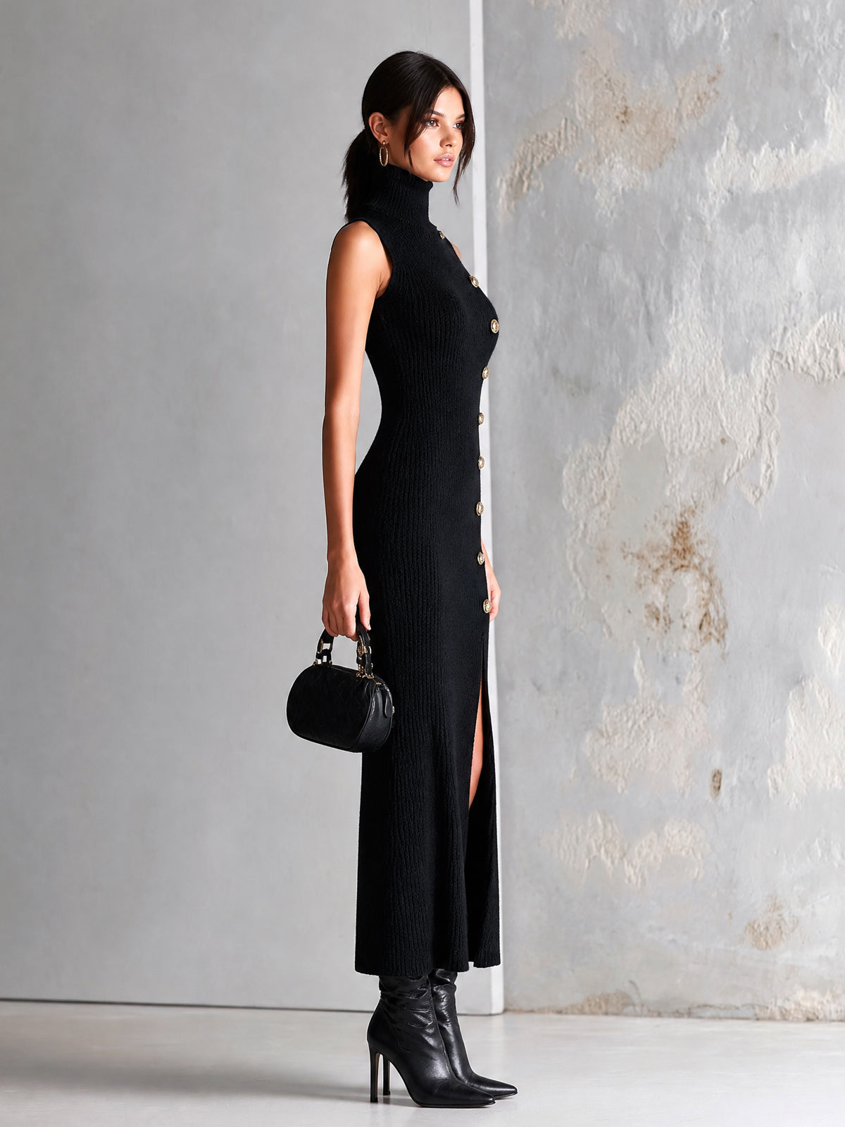 Chic Elegant Black Turtleneck Sleeveless Gold Buttons Side-Slit Slim-Fit Soft Cotton Knit Maxi Dress