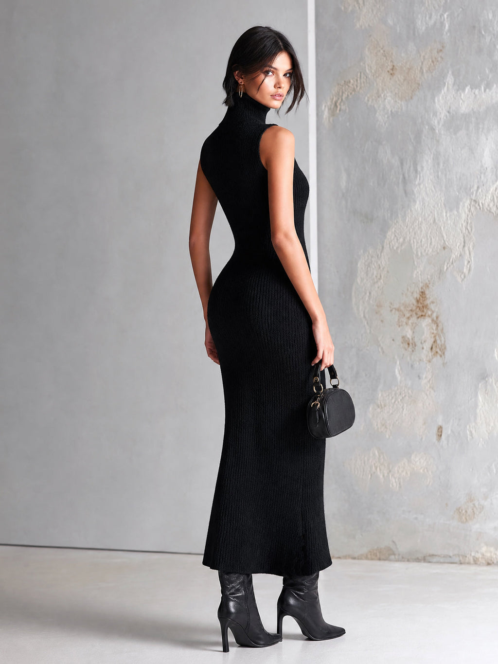 Chic Elegant Black Turtleneck Sleeveless Gold Buttons Side-Slit Slim-Fit Soft Cotton Knit Maxi Dress