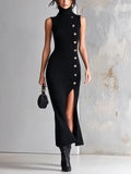 Chic Elegant Black Turtleneck Sleeveless Gold Buttons Side-Slit Slim-Fit Soft Cotton Knit Maxi Dress