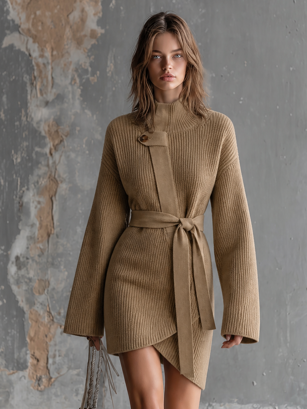 Chic Elegant Camel Turtleneck Wrap‑Front Belted Long-Sleeve Asymmetrical Hem Loose-Fit Ribbed Knit Mini Dress