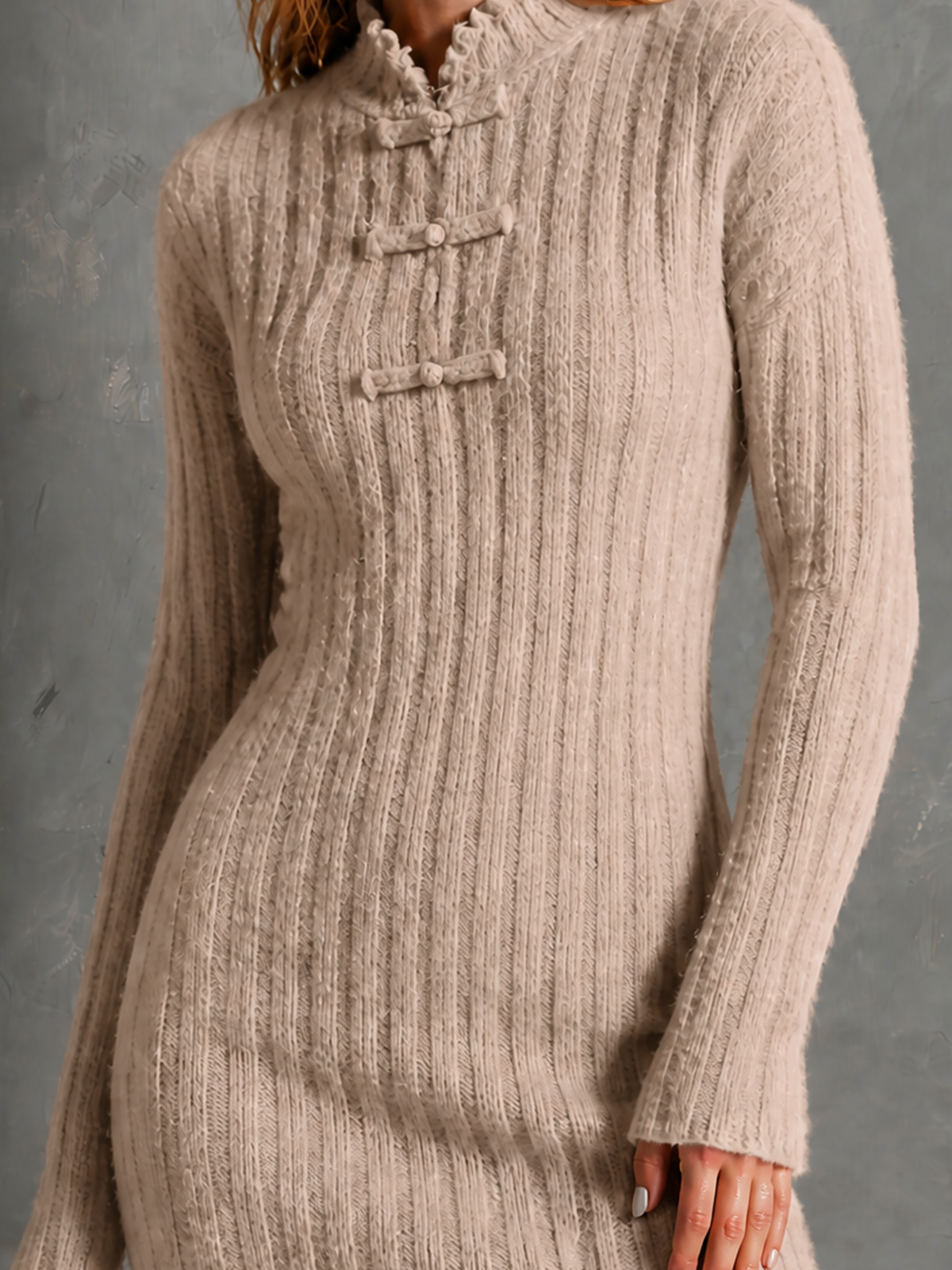 Chic Elegant Oat Beige Frog‑Button Mandarin Collar Ruffle Trim Long-Sleeve Slim-Fit Ribbed Knit Mini Dress