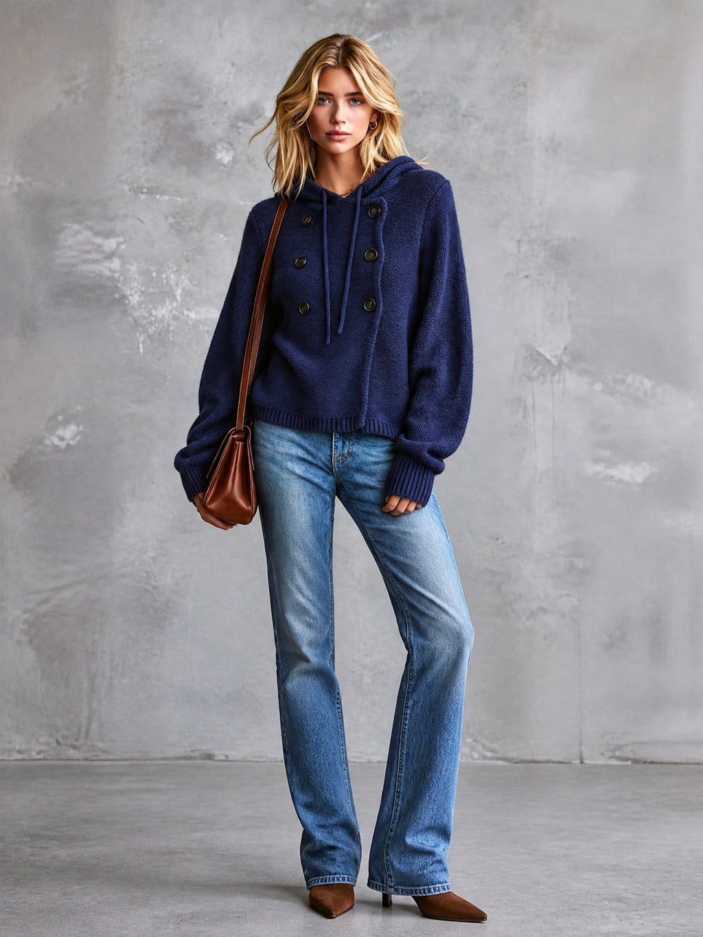 Chic Casual Navy Blue Hooded Collar Long-Lantern-Sleeve Button-Front Loose-Fit Cotton Knit Sweater Top