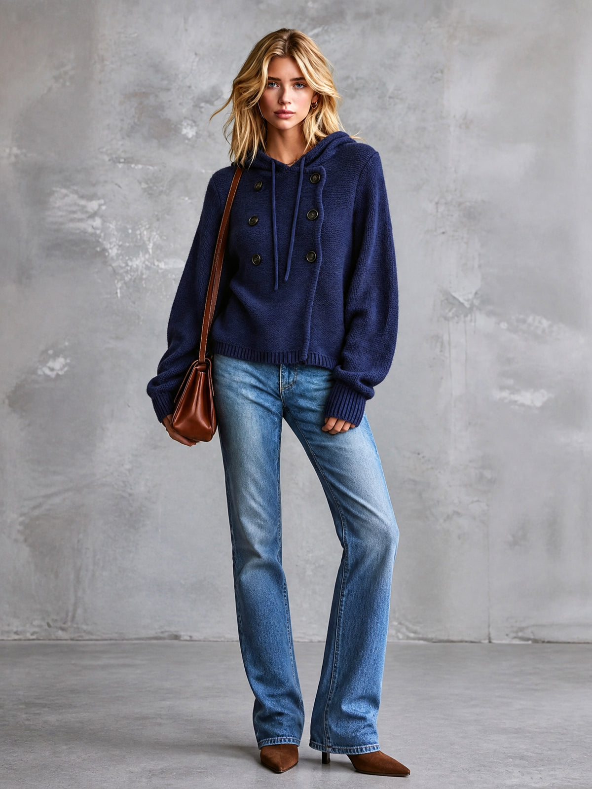 Chic Casual Navy Blue Hooded Collar Long-Lantern-Sleeve Button-Front Loose-Fit Cotton Knit Sweater Top