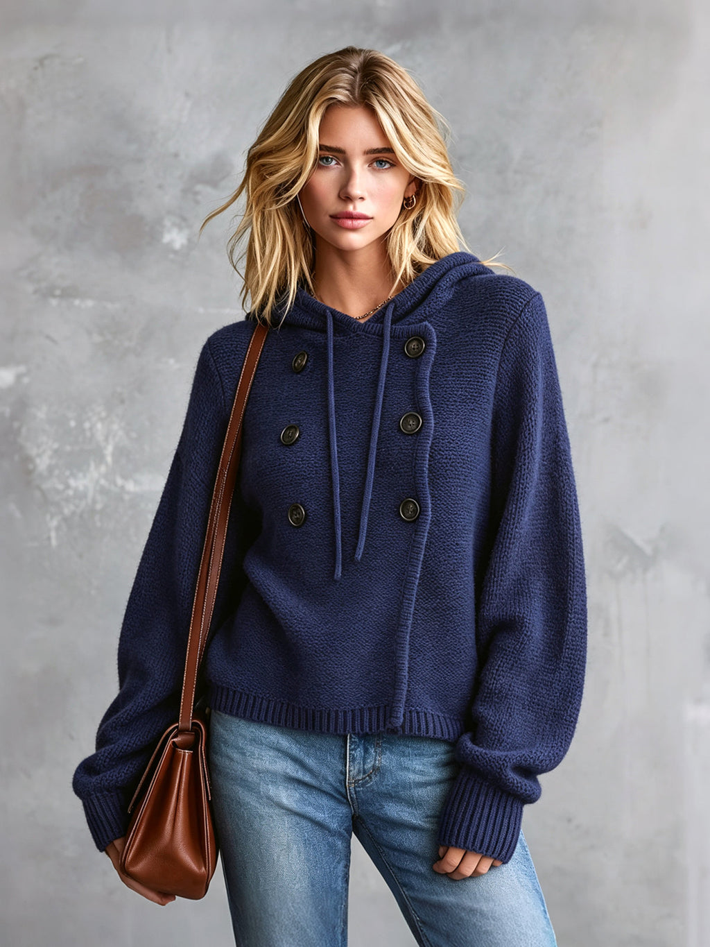Chic Casual Navy Blue Hooded Collar Long-Lantern-Sleeve Button-Front Loose-Fit Cotton Knit Sweater Top
