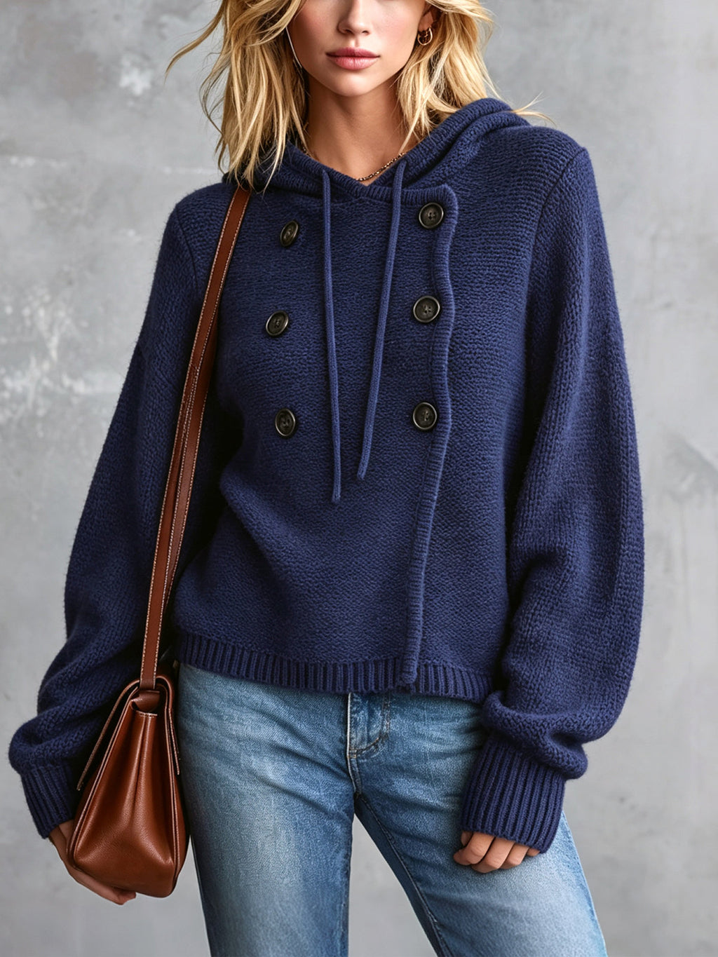 Chic Casual Navy Blue Hooded Collar Long-Lantern-Sleeve Button-Front Loose-Fit Cotton Knit Sweater Top