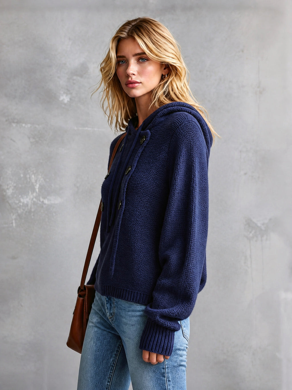 Chic Casual Navy Blue Hooded Collar Long-Lantern-Sleeve Button-Front Loose-Fit Cotton Knit Sweater Top