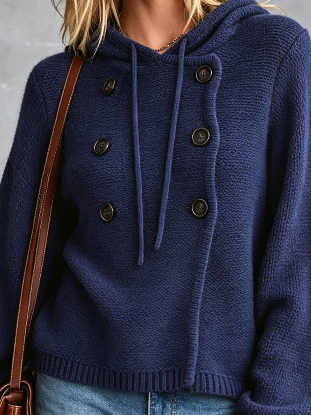 Chic Casual Navy Blue Hooded Collar Long-Lantern-Sleeve Button-Front Loose-Fit Cotton Knit Sweater Top