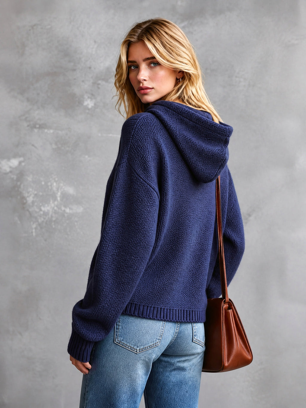 Chic Casual Navy Blue Hooded Collar Long-Lantern-Sleeve Button-Front Loose-Fit Cotton Knit Sweater Top