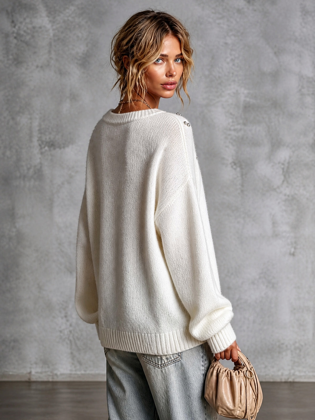 Chic Elegant Cream White Round-Collar Dropped-Shoulder Long-Sleeve Beading Detail Loose-Fit Knit Sweater