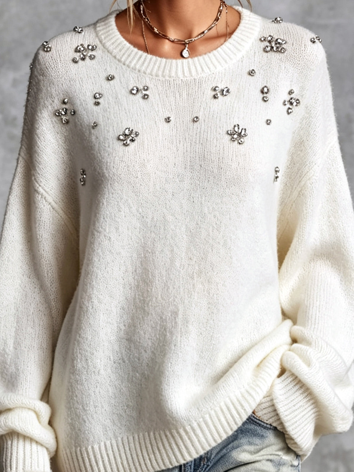 Chic Elegant Cream White Round-Collar Dropped-Shoulder Long-Sleeve Beading Detail Loose-Fit Knit Sweater
