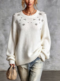 Chic Elegant Cream White Round-Collar Dropped-Shoulder Long-Sleeve Beading Detail Loose-Fit Knit Sweater