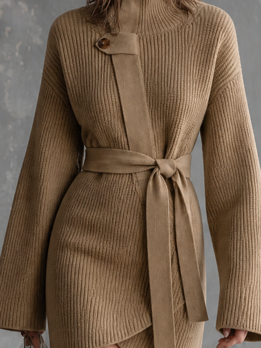 Chic Elegant Camel Turtleneck Wrap‑Front Belted Long-Sleeve Asymmetrical Hem Loose-Fit Ribbed Knit Mini Dress