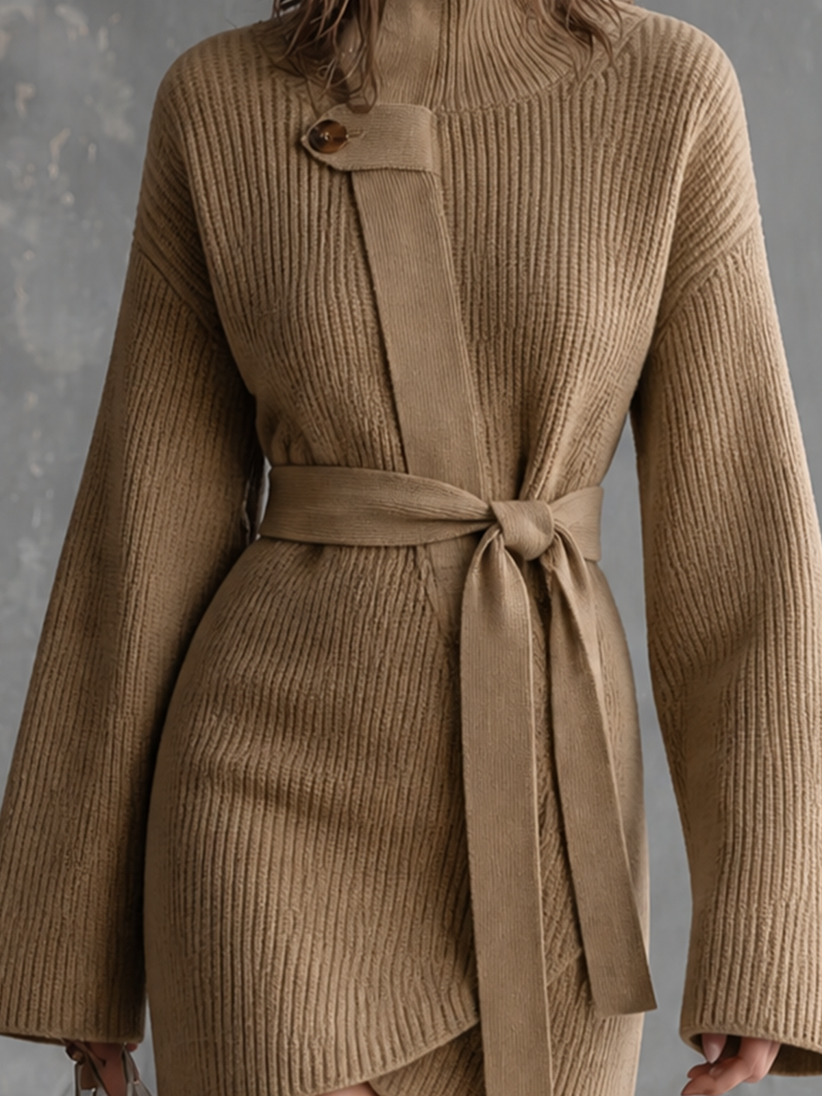 Chic Elegant Camel Turtleneck Wrap‑Front Belted Long-Sleeve Asymmetrical Hem Loose-Fit Ribbed Knit Mini Dress