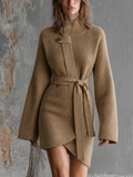 Chic Elegant Camel Turtleneck Wrap‑Front Belted Long-Sleeve Asymmetrical Hem Loose-Fit Ribbed Knit Mini Dress