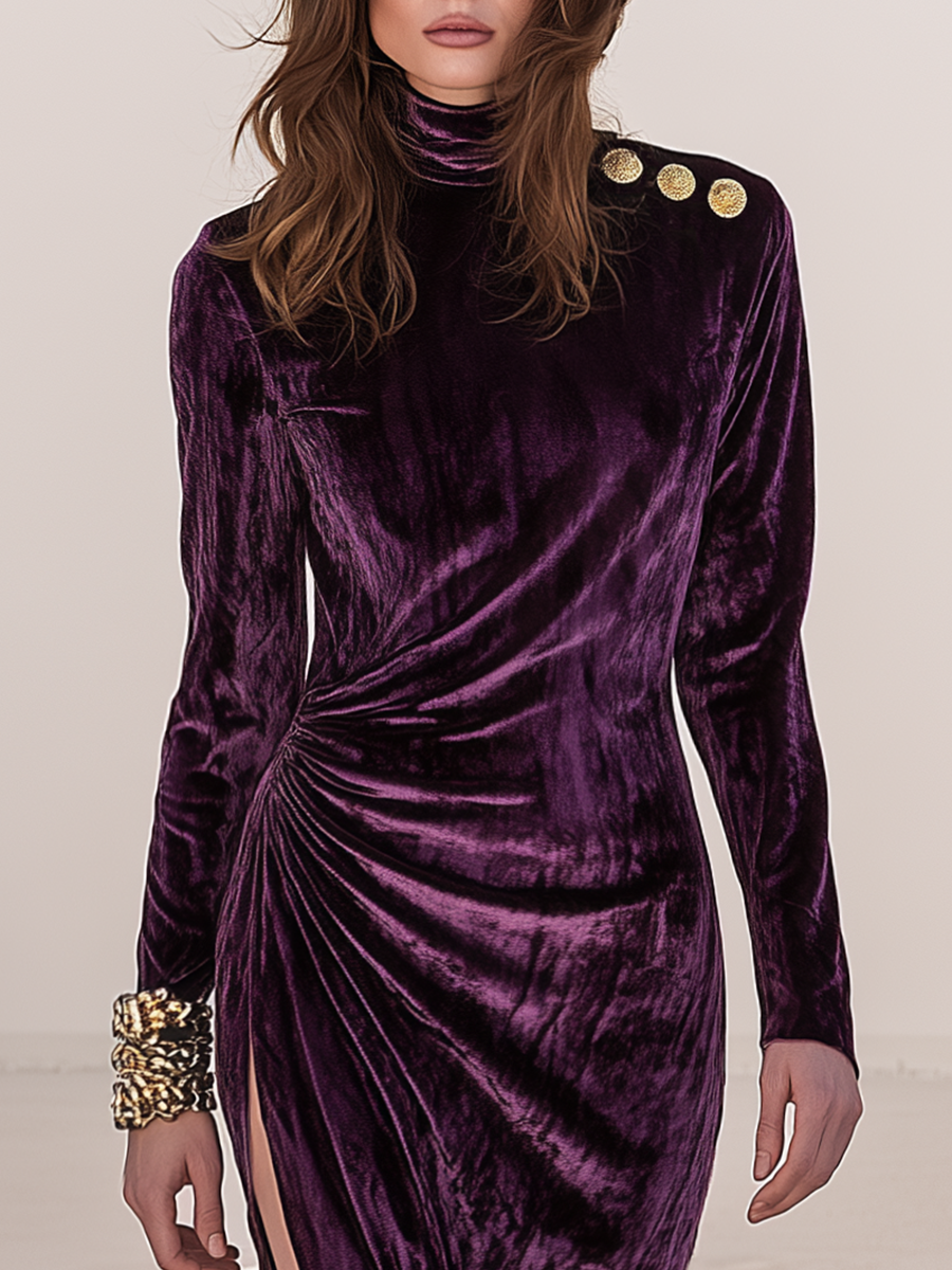 Vintage-style Mock-neck Side Ruching And Slit Purple Velvet Maxi Dress