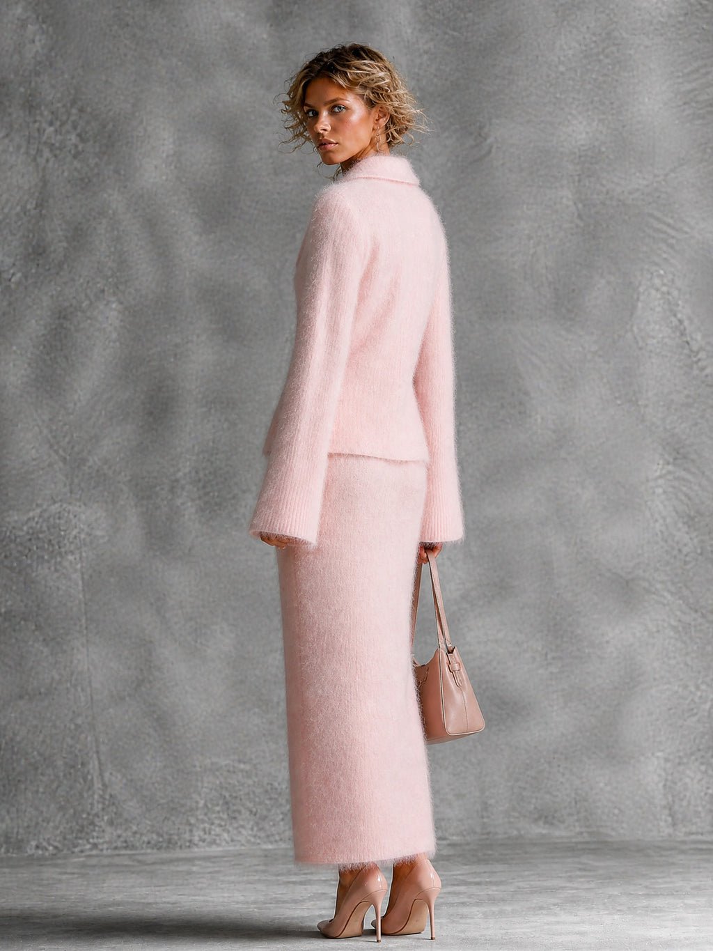 Chic Elegant Pink Shawl-Collar Long-Flare-Sleeve Single-Breasted Cardigan Straight Maxi Skirt Soft Warm Mohair Knit Two-Piece Set