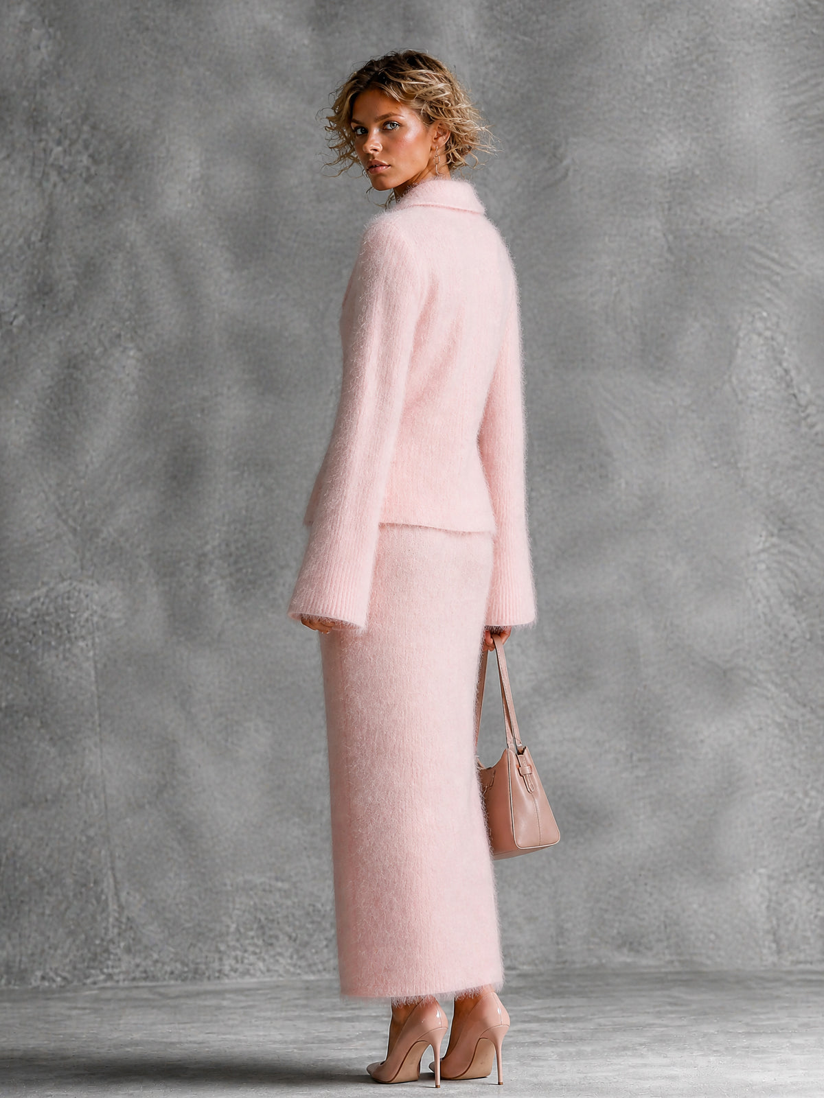 Chic Elegant Pink Shawl-Collar Long-Flare-Sleeve Single-Breasted Cardigan Straight Maxi Skirt Soft Warm Mohair Knit Two-Piece Set
