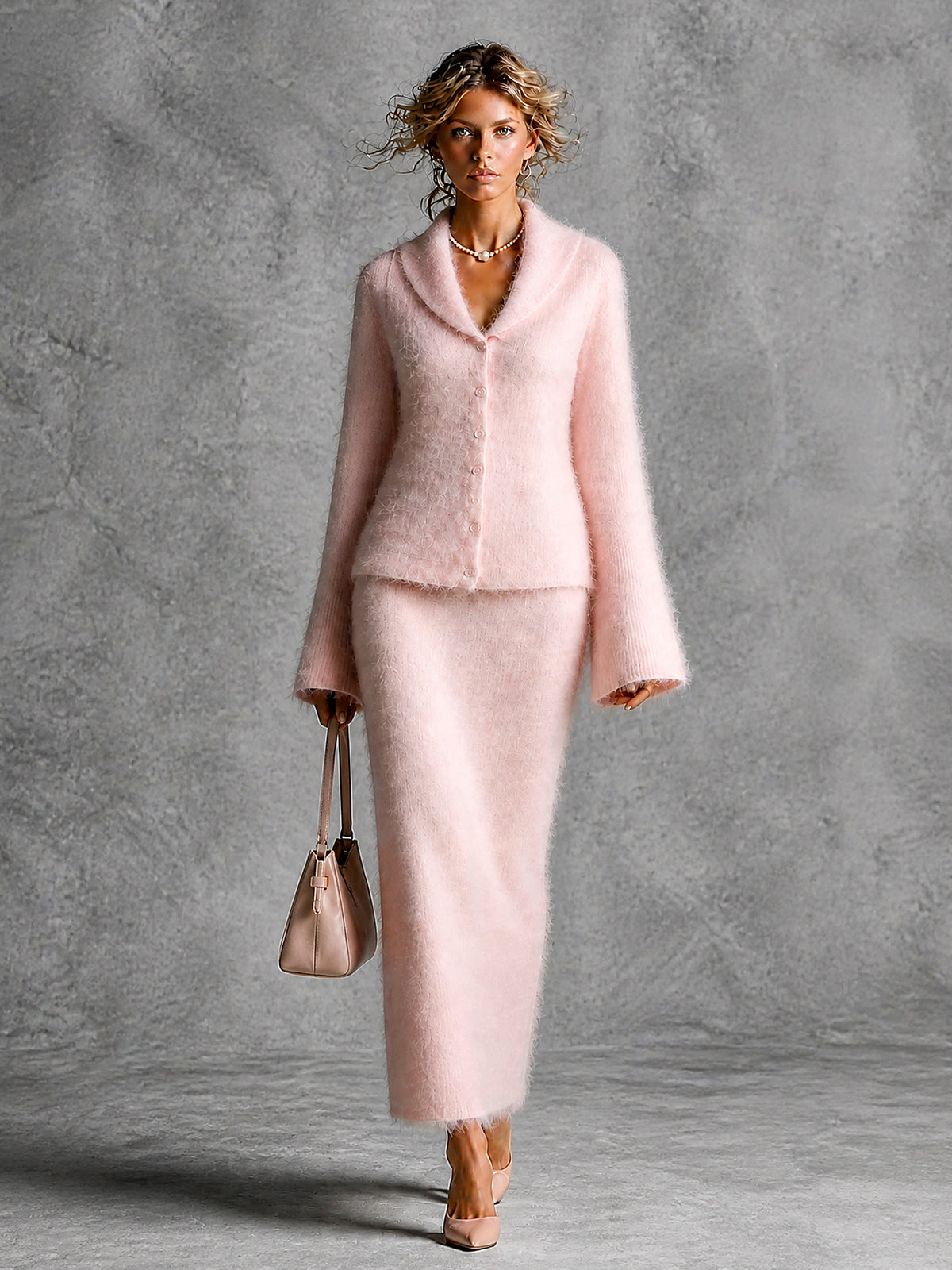 Chic Elegant Pink Shawl-Collar Long-Flare-Sleeve Single-Breasted Cardigan Straight Maxi Skirt Soft Warm Mohair Knit Two-Piece Set