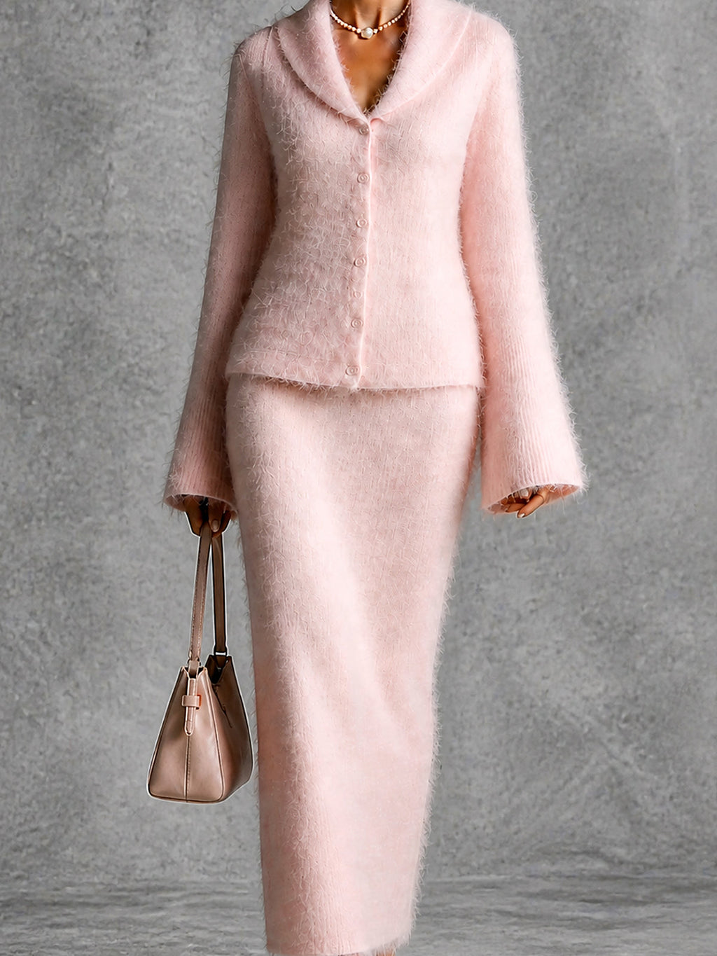 Chic Elegant Pink Shawl-Collar Long-Flare-Sleeve Single-Breasted Cardigan Straight Maxi Skirt Soft Warm Mohair Knit Two-Piece Set