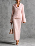 Chic Elegant Pink Shawl-Collar Long-Flare-Sleeve Single-Breasted Cardigan Straight Maxi Skirt Soft Warm Mohair Knit Two-Piece Set