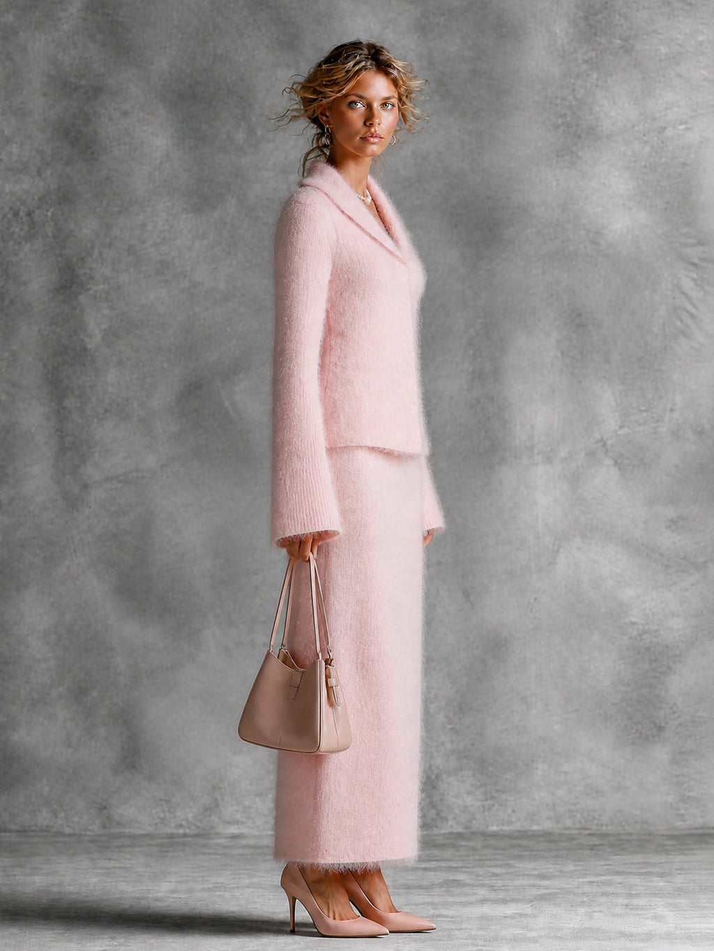 Chic Elegant Pink Shawl-Collar Long-Flare-Sleeve Single-Breasted Cardigan Straight Maxi Skirt Soft Warm Mohair Knit Two-Piece Set
